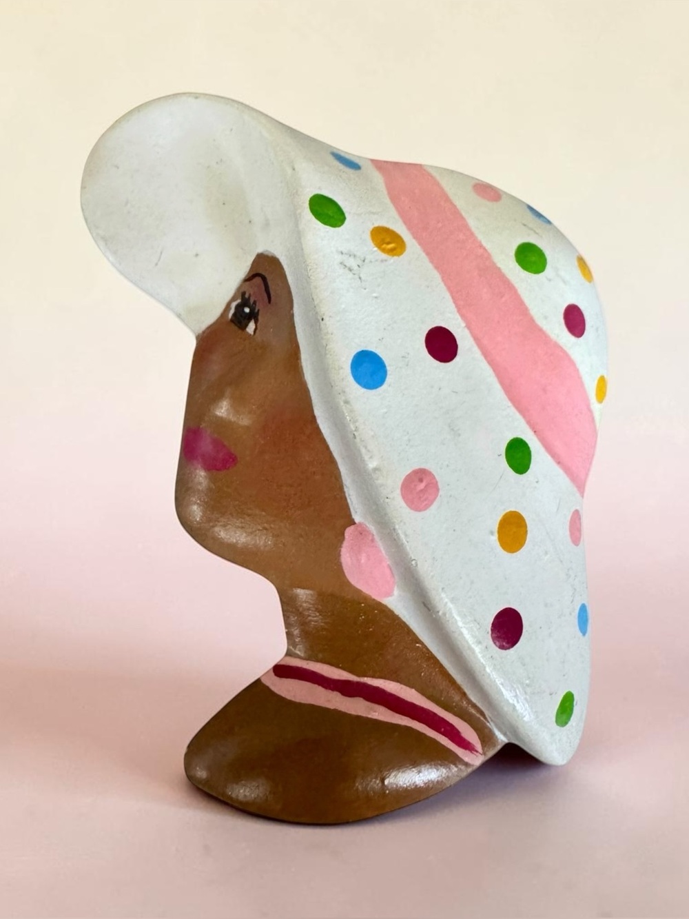 Vtg 80s Handmade Black Lady Polka Hat Ceramic Brooch Africana Art Wear Fashion